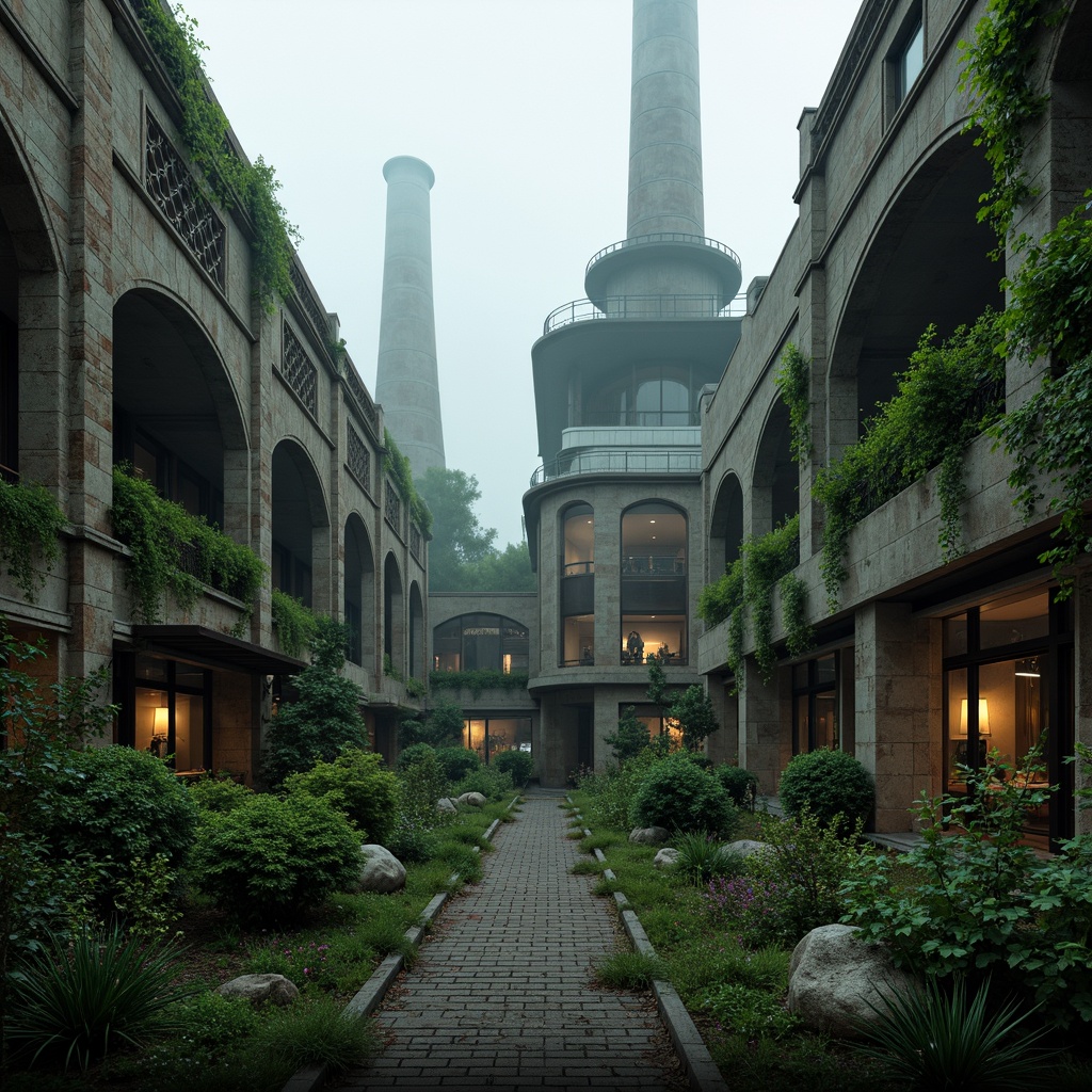 Prompt: Mysterious gothic energy plant, industrial chimneys, intricate stone carvings, overgrown ivy walls, misty atmosphere, eerie lighting, abandoned machinery, rusty pipes, crumbling brickwork, neglected gardens, wildflowers, vines, moss-covered statues, foggy mornings, dramatic skies, low-angle photography, shallow depth of field, 2/3 composition, warm color palette, high contrast, ambient occlusion.