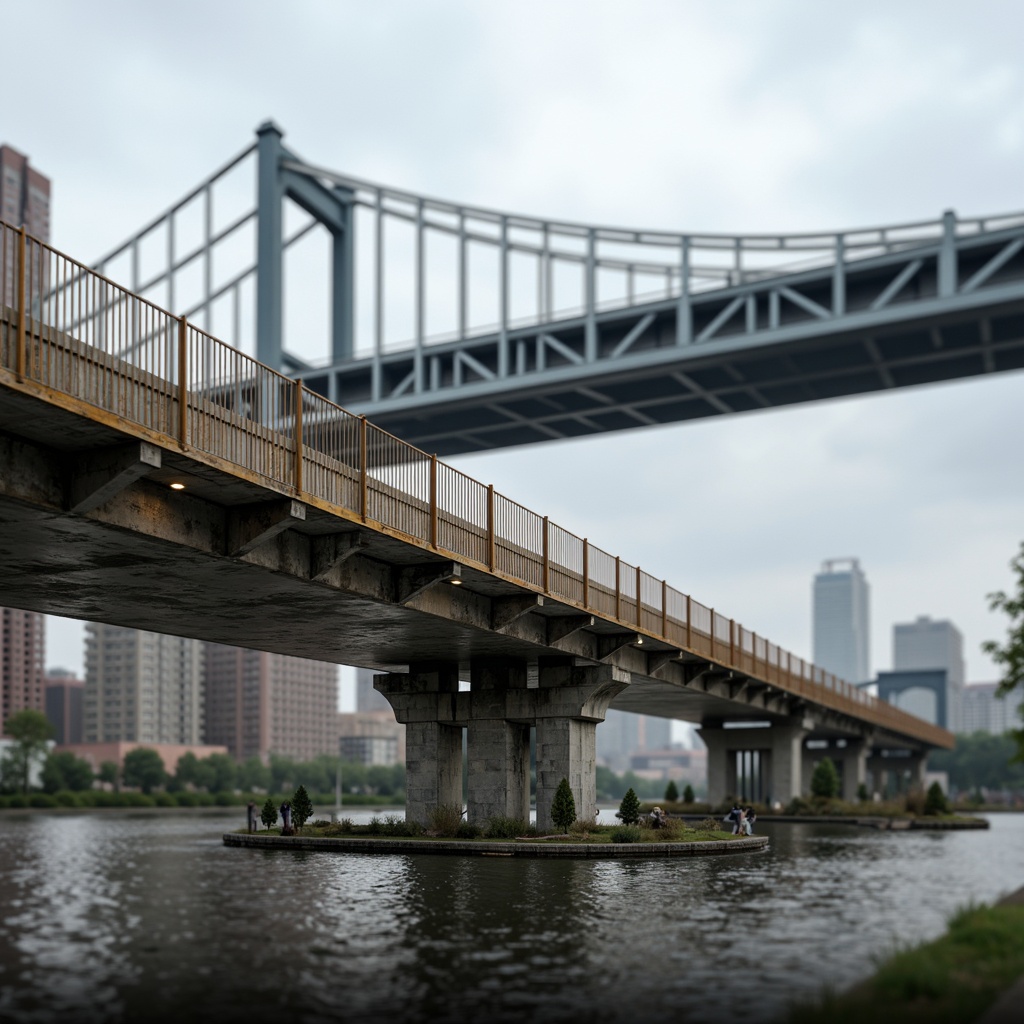 Prompt: Rugged bridge construction, high-density polyethylene materials, corrosion-resistant properties, durable structural elements, reinforced tensile strength, UV-stabilized components, weathered concrete surfaces, steel beam supports, suspension cable systems, modern bridge architecture, urban cityscape background, cloudy skies, soft natural lighting, shallow depth of field, 1/1 composition, realistic textures, ambient occlusion.