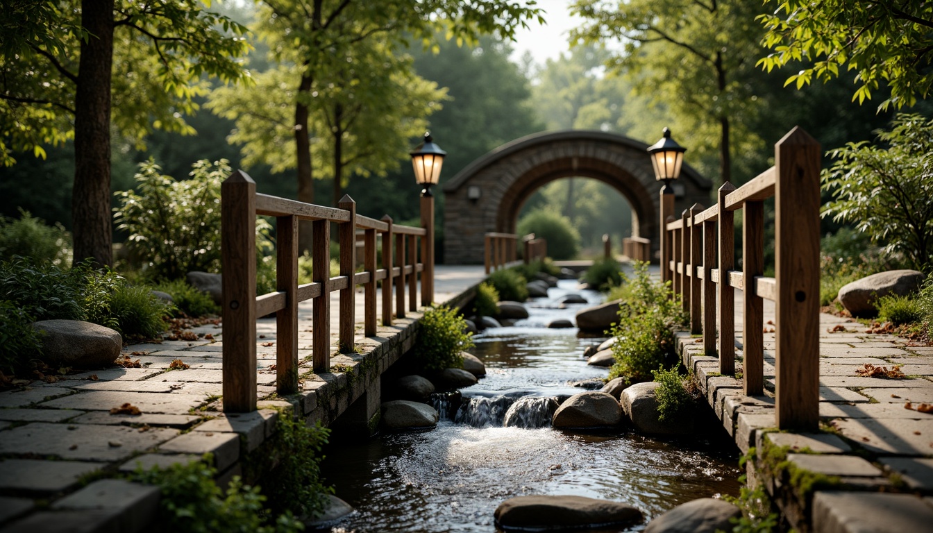 Prompt: Rustic stone bridges, worn wooden railings, ornate metal lanterns, flowing water streams, lush greenery surroundings, moss-covered stonework, intricate carvings, curved lines, organic shapes, earthy color palette, warm natural lighting, soft focus, shallow depth of field, 1/2 composition, serene atmosphere, realistic textures, ambient occlusion.