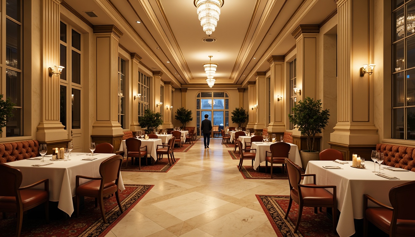 Prompt: Elegant neoclassical restaurant interior, warm beige walls, rich wood accents, ornate gold molding, luxurious velvet upholstery, soft cream-colored marble floors, crystal chandeliers, refined silverware, classic column architecture, subtle patterned rugs, majestic high ceilings, sophisticated ambient lighting, warm candlelight, 1/1 composition, shallow depth of field, realistic textures, atmospheric rendering.