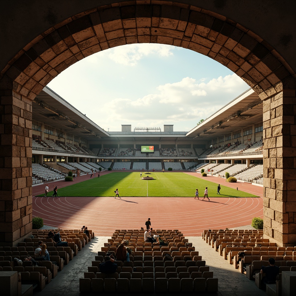 Prompt: Grandstand seating, historic athletic track, classicist arches, ornate columns, rustic stone walls, vintage scoreboard, retro-style floodlights, lush green grass, athletes in motion, nostalgic atmosphere, warm golden lighting, shallow depth of field, 2/3 composition, symmetrical framing, realistic textures, ambient occlusion.