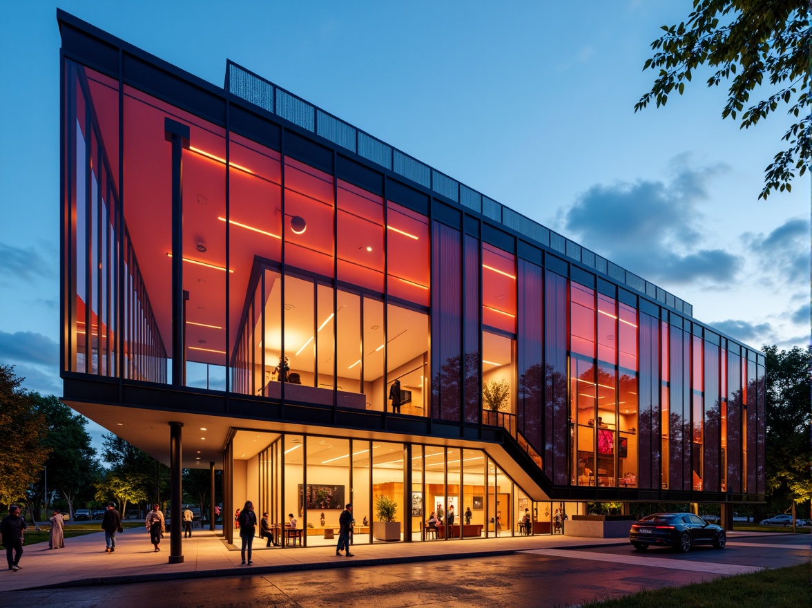 Prompt: Vibrant gymnasium facade, dynamic expressionist architecture, bold geometric shapes, angular lines, contrasting materials, industrial metal cladding, transparent glass surfaces, futuristic LED lighting, abstract patterned walls, irregular window arrangements, asymmetrical composition, dramatic shadows, warm golden hour lighting, shallow depth of field, 1/2 composition, cinematic view, high-contrast textures, ambient occlusion.