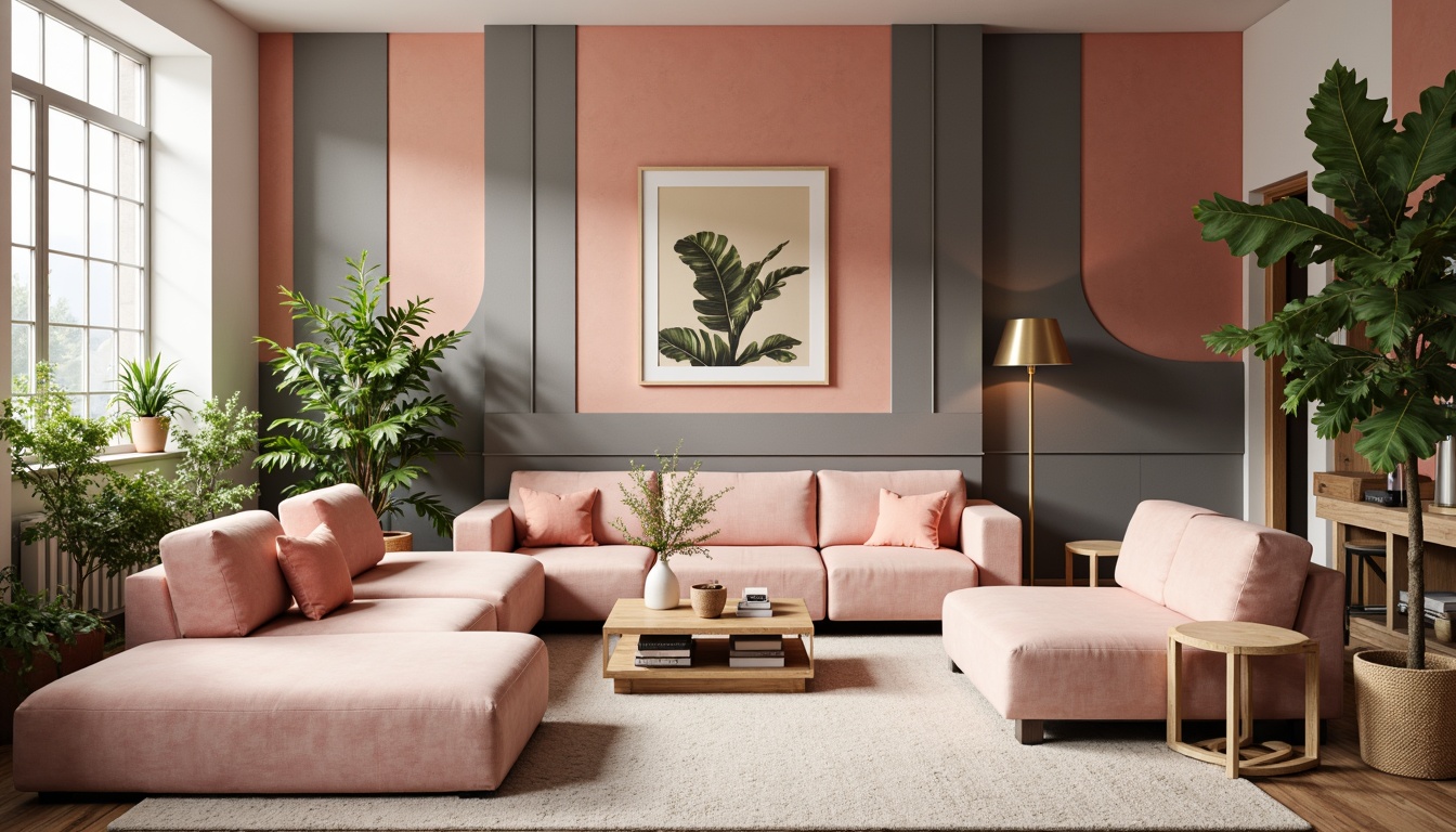 Prompt: Vibrant modern interior, pastel color scheme, soft peach tones, creamy whites, rich charcoal grays, bold accent walls, luxurious velvet fabrics, metallic gold accents, sleek minimalistic decor, natural wood textures, abundant greenery, dramatic floor lamps, warm ambient lighting, shallow depth of field, 1/1 composition, realistic renderings.