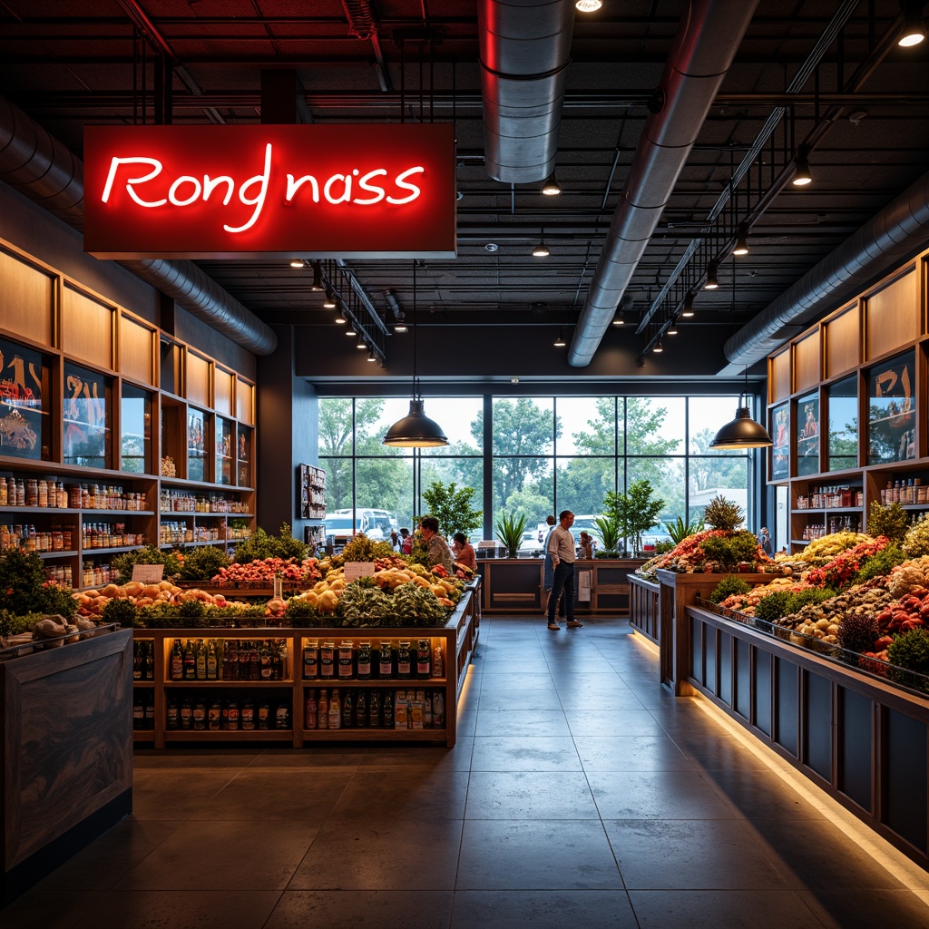 Prompt: Vibrant grocery store interior, warm neon signs, softbox lighting, high-contrast shadows, bold color palette, futuristic product displays, sleek metal shelves, rustic wooden accents, abstract geometric patterns, dynamic reflections, moody atmosphere, dramatic spotlights, cinematic composition, 1/2 camera angle, shallow depth of field, vivid textures, ambient occlusion.