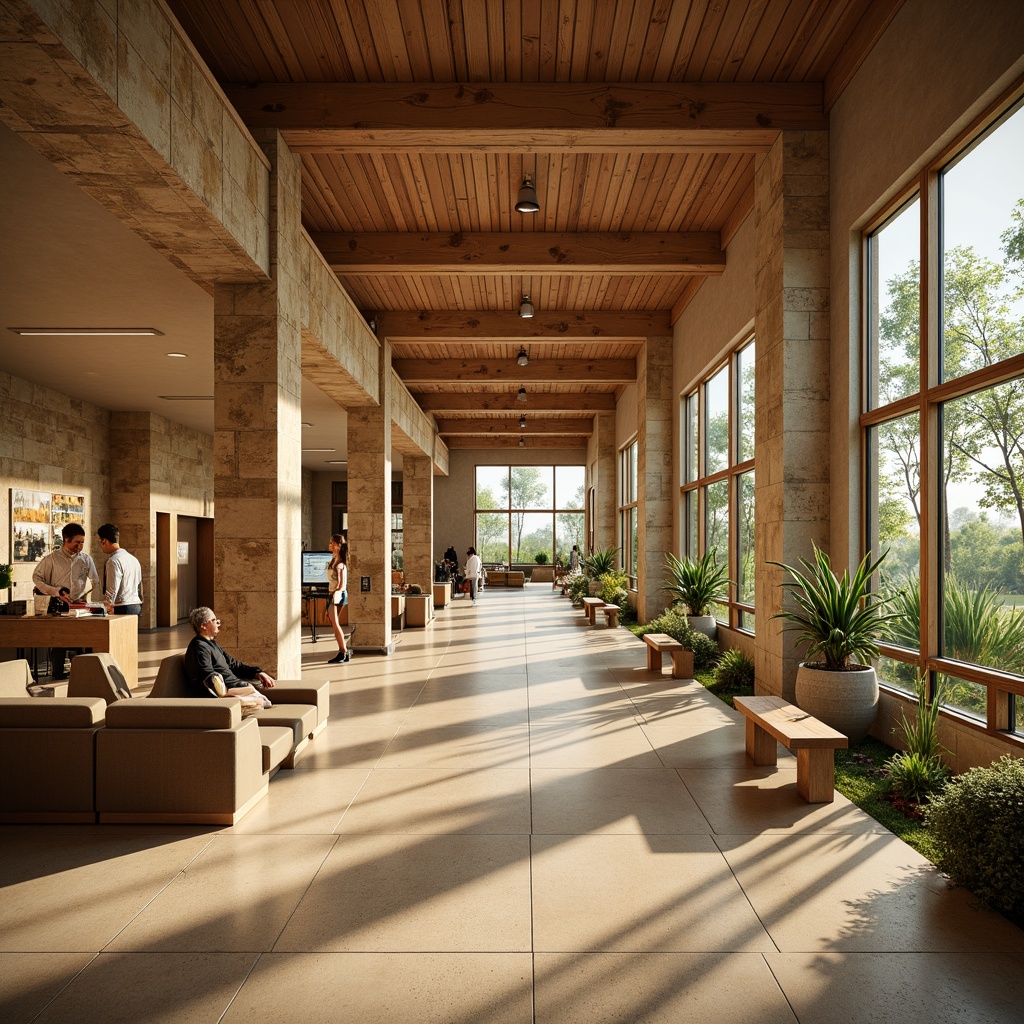 Prompt: Earth-toned visitor center, natural stone walls, wooden accents, warm beige flooring, comfortable seating areas, educational exhibits, interactive displays, rustic wood furniture, nature-inspired artwork, soothing greenery, abundant natural light, soft warm lighting, shallow depth of field, 3/4 composition, panoramic view, realistic textures, ambient occlusion.