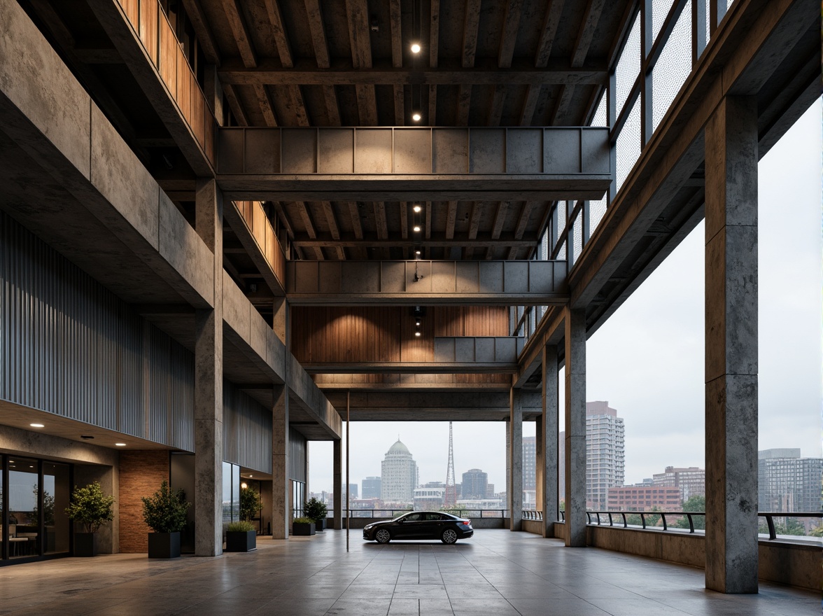 Prompt: Industrial constructivist building, exposed steel beams, raw concrete walls, reclaimed wood accents, metallic meshes, corrugated metal cladding, industrial-style lighting fixtures, polished concrete floors, minimalist decor, urban cityscape backdrop, overcast sky, dramatic shadows, high contrast lighting, 3/4 composition, cinematic camera angle, realistic textures, ambient occlusion.