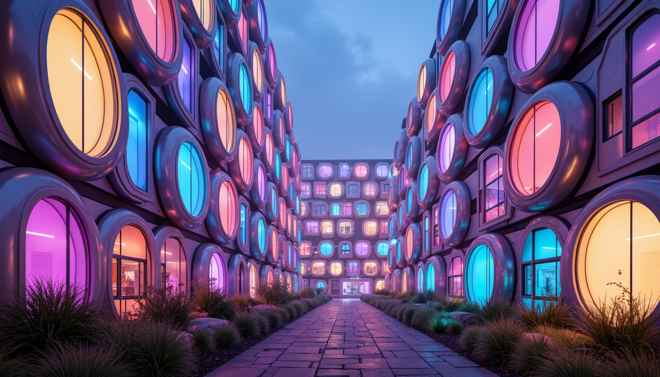 Prompt: Vibrant neon-lit blob-like structures, iridescent glass facades, shimmering metallic surfaces, bold color blocking, contrasting hues, pastel-colored accents, luminescent LED lights, glowing orbs, futuristic urban landscape, misty atmospheric effects, soft focus background, 1/1 composition, high-key lighting, ambient occlusion.