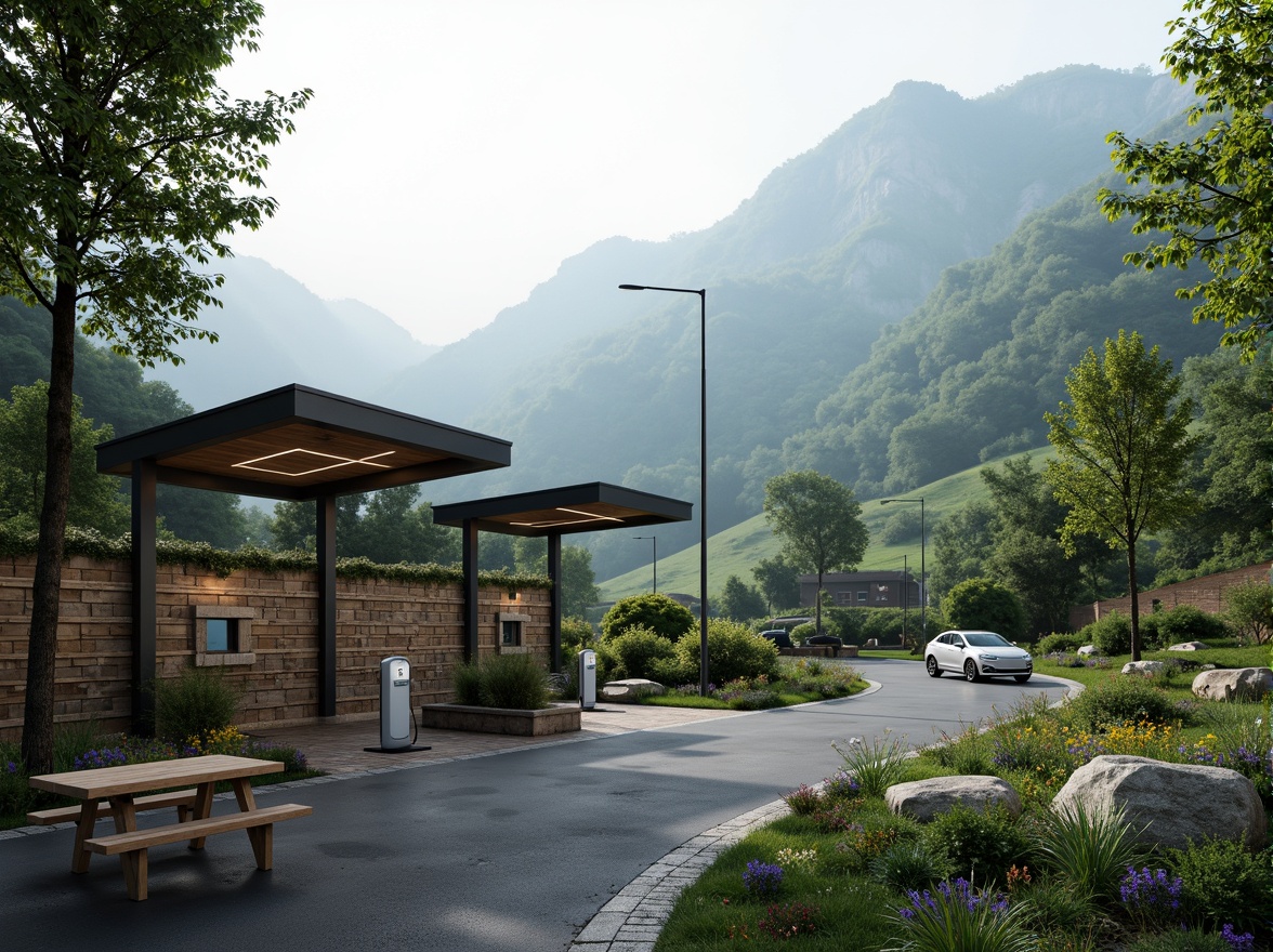 Prompt: Scenic mountainous terrain, winding roads, electric vehicle charging stations, modern minimalist design, sleek metal canopies, solar panels, green roofs, ambient lighting, natural stone walls, wooden benches, surrounding trees, wildflowers, misty morning atmosphere, soft warm lighting, shallow depth of field, 1/1 composition, panoramic view, realistic textures.