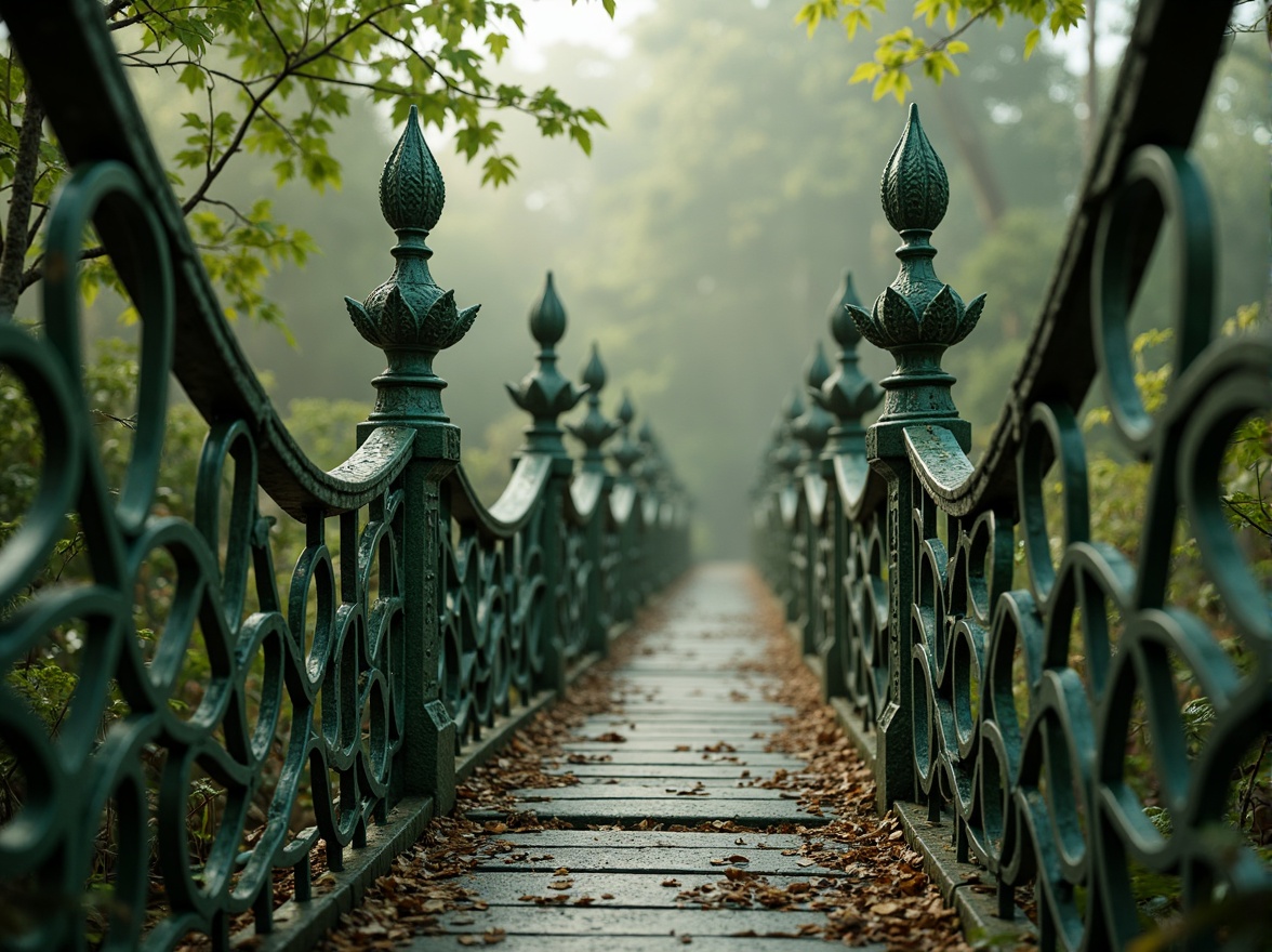 Prompt: Intricate ironwork bridges, flowing organic lines, ornate lamp posts, twisted metal railings, vibrant green patina, mystical forest surroundings, misty morning atmosphere, soft warm lighting, shallow depth of field, 3/4 composition, realistic textures, ambient occlusion, curved arches, decorative finials, sinuous shapes, botanical motifs, stylized floral patterns, luxurious golden accents, whimsical details, romantic era inspiration.