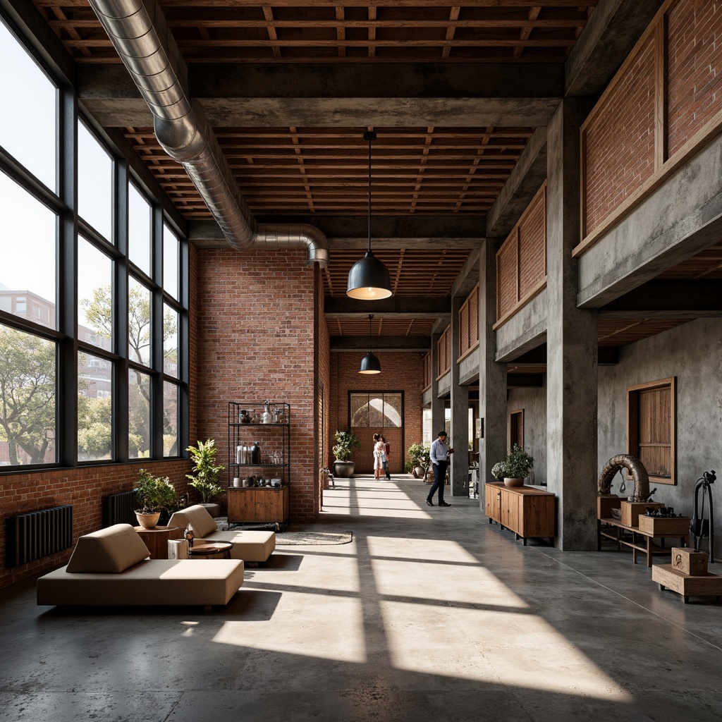 Prompt: Exposed brick fa\u00e7ade, industrial metal beams, rustic wooden accents, high ceilings, large windows, natural light, concrete floors, steel columns, minimalist decor, functional piping, distressed finishes, reclaimed wood textures, vintage mechanical equipment, earthy color palette, warm ambient lighting, shallow depth of field, 3/4 composition, symmetrical framing, realistic industrial details.