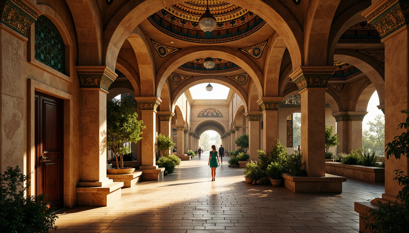 Prompt: Intricate arches, ornate mosaics, golden domes, rustic stone walls, vaulted ceilings, grand entrances, majestic columns, ornamental capitals, richly textured fabrics, warm golden lighting, dramatic shadows, high contrast ratio, 1/1 composition, symmetrical framing, vibrant turquoise accents, weathered copper details, ancient Greek influences, mystical ambiance, sacred relics, mysterious alcoves.