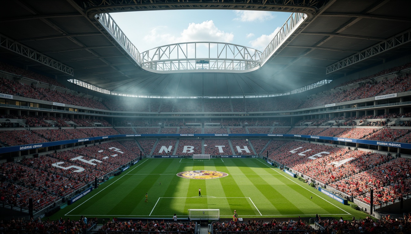 Prompt: Gothic-style soccer stadium, grandiose architecture, steeply pitched roof, ribbed vaulted ceiling, flying buttresses, intricate stone carvings, stained glass windows, majestic entrance gates, lush green turf, vibrant team colors, dynamic spectator seating, atmospheric lighting, dramatic shadows, 3/4 composition, low-angle shot, misty ambient atmosphere.