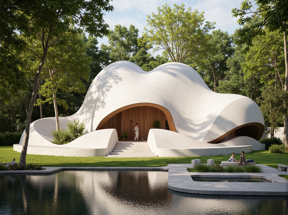 Prompt: Undulating curves, fluid shapes, memorial monument, verdant surroundings, natural materials, earthy tones, organic forms, blob-like structures, futuristic architecture, gleaming white marble, polished wooden accents, soft warm lighting, shallow depth of field, 1/1 composition, realistic textures, ambient occlusion, serene atmosphere, peaceful ambiance, subtle color palette, harmonious blend of nature and architecture.