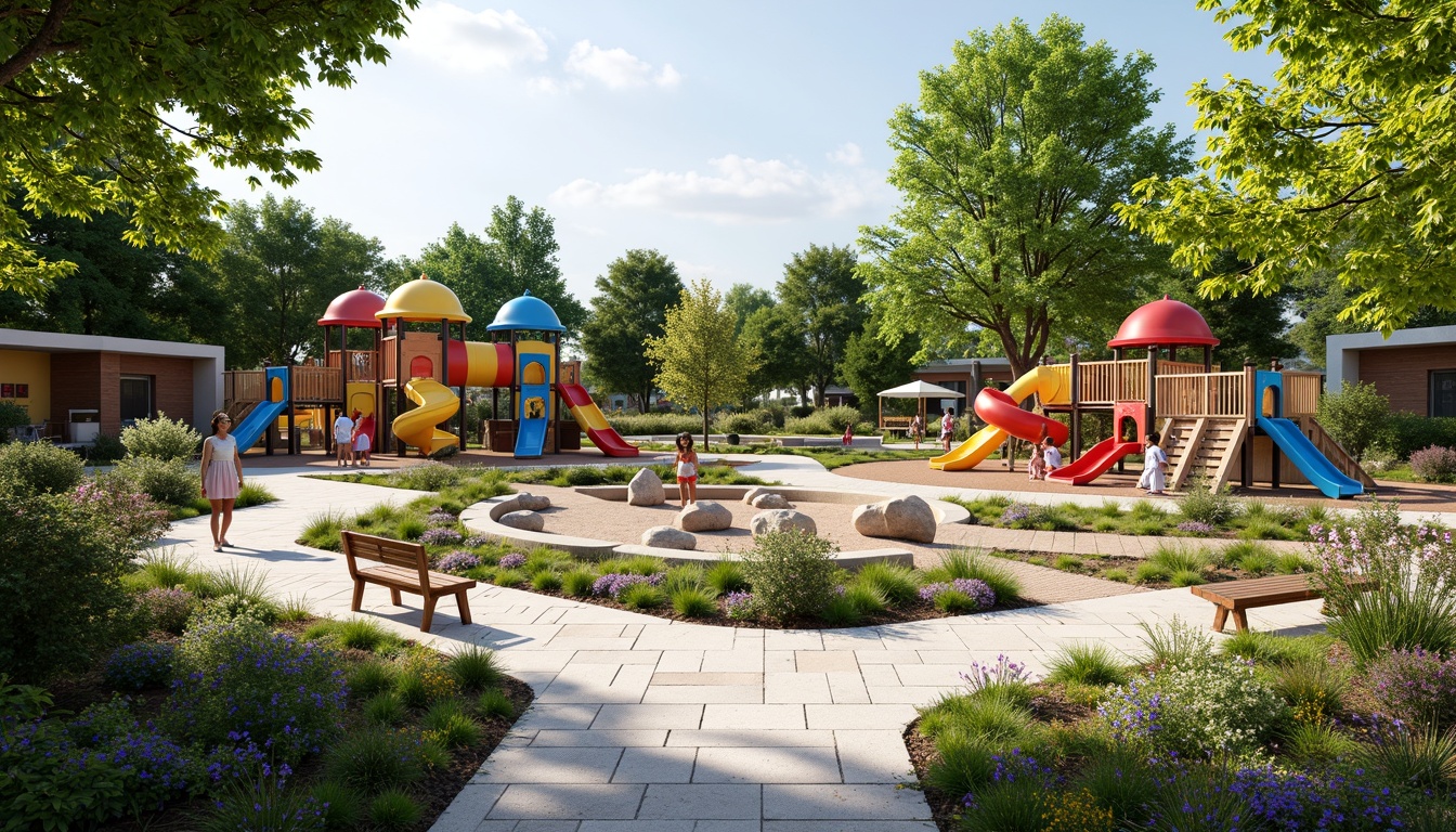 Prompt: Vibrant playground, colorful slides, swing sets, climbing frames, sandbox areas, whimsical statues, interactive water features, lush greenery, blooming flowers, natural stone walkways, wooden benches, educational signage, sunny day, soft warm lighting, shallow depth of field, 3/4 composition, panoramic view, realistic textures, ambient occlusion.