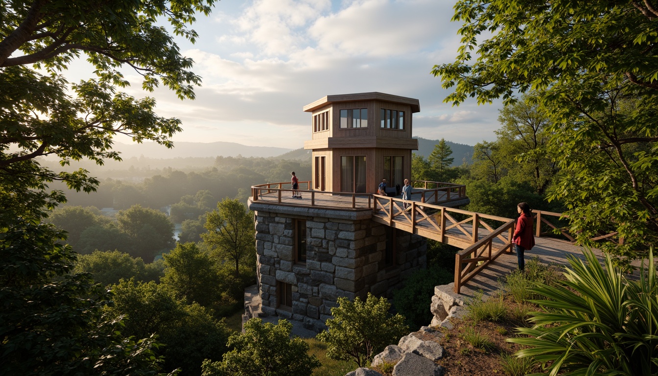 Prompt: Watchtower amidst lush forest, rugged stone foundation, wooden observation deck, panoramic views, telescopes, binoculars, rustic wooden railings, verdant foliage, misty mornings, warm sunlight filtering through trees, shallow depth of field, 3/4 composition, atmospheric perspective, realistic textures, ambient occlusion, organic natural materials, earthy color palette.