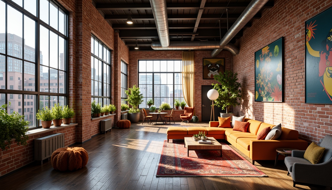 Prompt: Industrial-chic loft interior, exposed brick walls, metal beams, reclaimed wood floors, modern minimalist furniture, bold colorful accents, vibrant artwork, eclectic decorative pieces, cozy reading nooks, floor-to-ceiling windows, natural light pouring in, urban cityscape views, warm golden lighting, shallow depth of field, 1/1 composition, realistic textures, ambient occlusion.