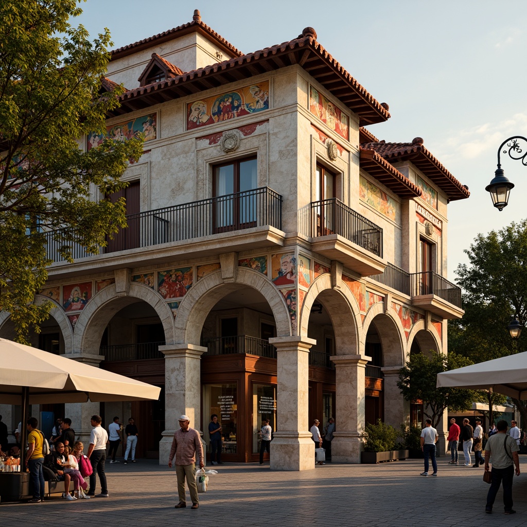 Prompt: Renaissance-style market facade, ornate stonework, grand arches, intricately carved wooden doors, vibrant frescoes, decorative balconies, ornamental ironwork, red-tiled roofs, charming street lamps, bustling marketplace atmosphere, warm golden lighting, soft focus, 1/2 composition, dramatic shadows, rich textures, ambient occlusion.