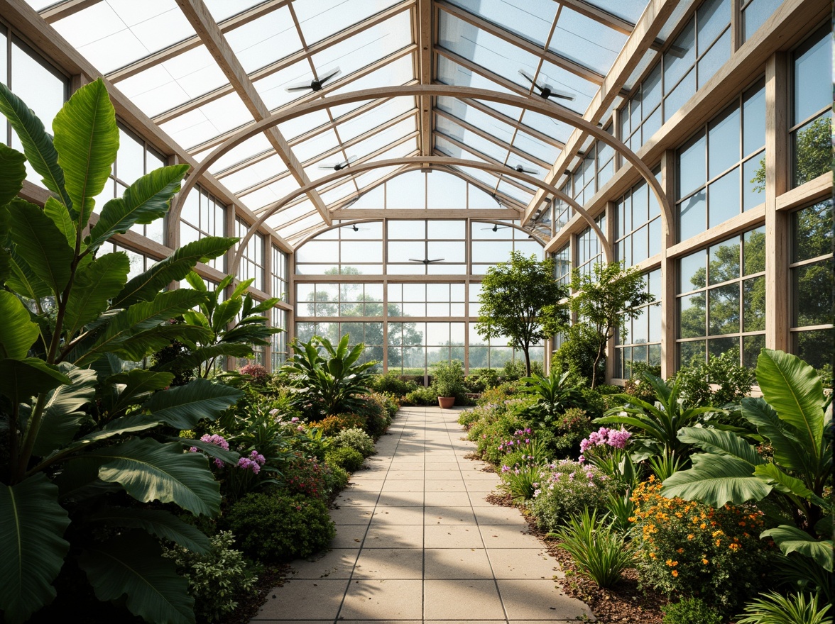 Prompt: Natural ventilation system, greenhouse structure, transparent roof, clerestory windows, automatic vents, shading devices, evaporative cooling, misting systems, tropical plants, lush greenery, natural light, warm sunny day, soft diffused lighting, shallow depth of field, 1/1 composition, realistic textures, ambient occlusion.