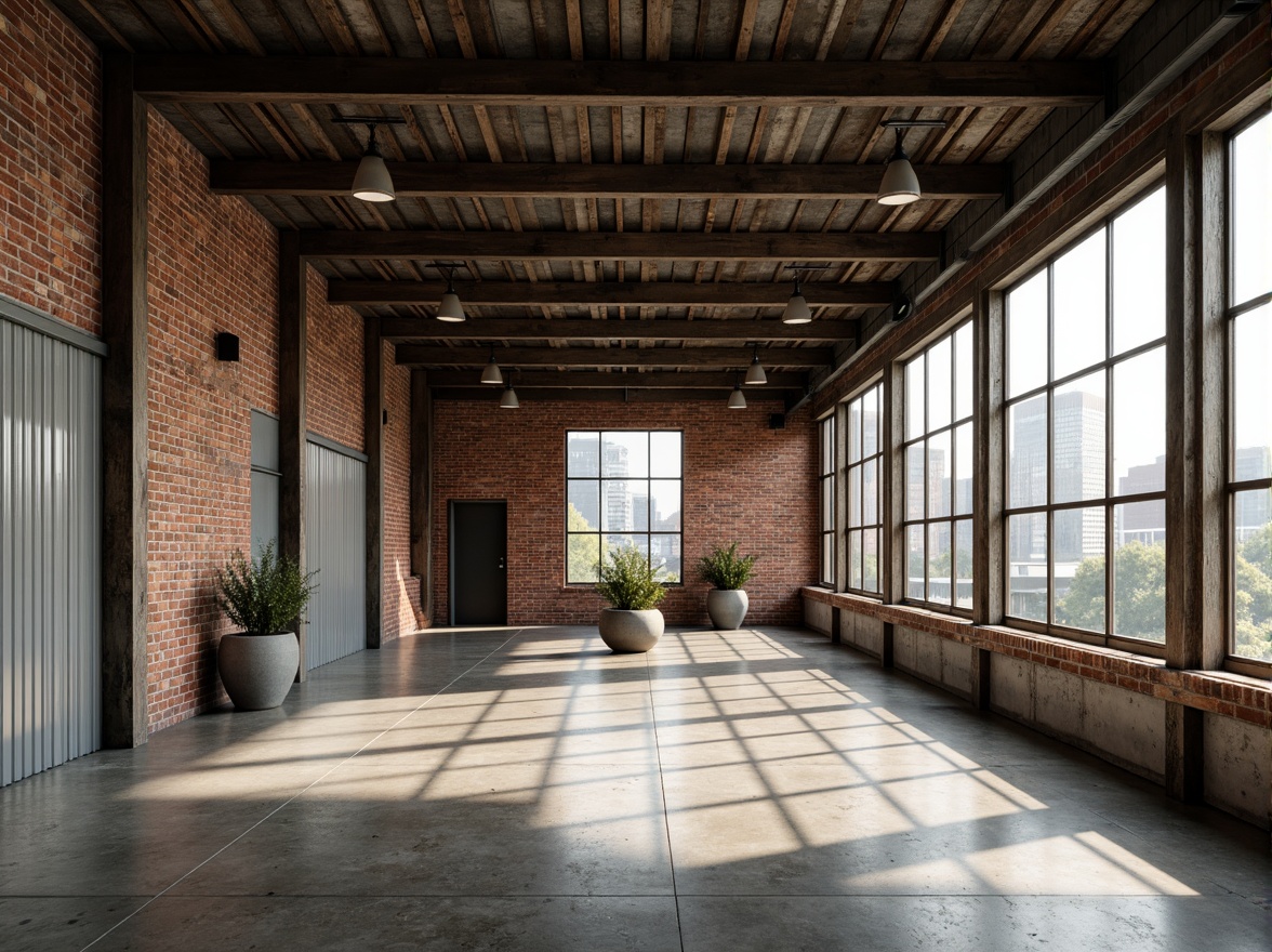 Prompt: Industrial-themed warehouse, exposed brick walls, metallic beams, polished concrete floors, reclaimed wood accents, weathered steel cladding, corrugated metal roofing, urban cityscape backdrop, soft natural lighting, shallow depth of field, 1/1 composition, realistic textures, ambient occlusion.