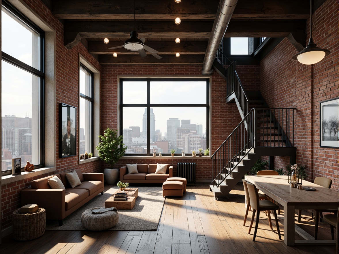 Prompt: Industrial chic loft, exposed brick walls, metal beams, wooden floors, high ceilings, large windows, natural light, urban cityscape views, modern minimalist decor, reclaimed wood accents, steel staircase, Edison bulb lighting, distressed finishes, raw concrete textures, atmospheric shadows, 3/4 composition, shallow depth of field, warm soft focus.