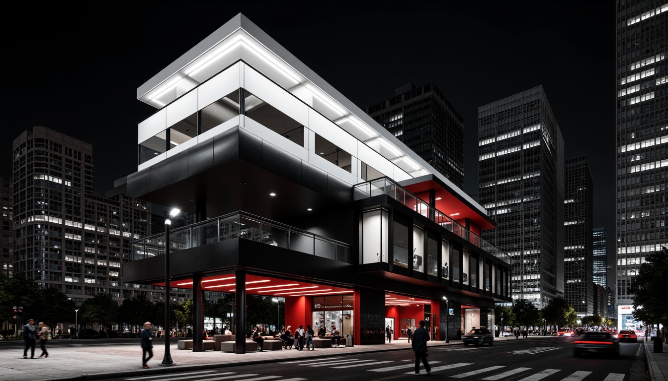 Prompt: Sleek watchtower, minimalist architecture, monochromatic color scheme, bold black accents, clean white surfaces, pops of vibrant red, industrial metal beams, polished glass windows, urban cityscape, busy streets, modern skyscrapers, nighttime neon lights, dramatic shadows, high contrast lighting, cinematic atmosphere, 1/1 composition, symmetrical framing, sharp focus, shallow depth of field.