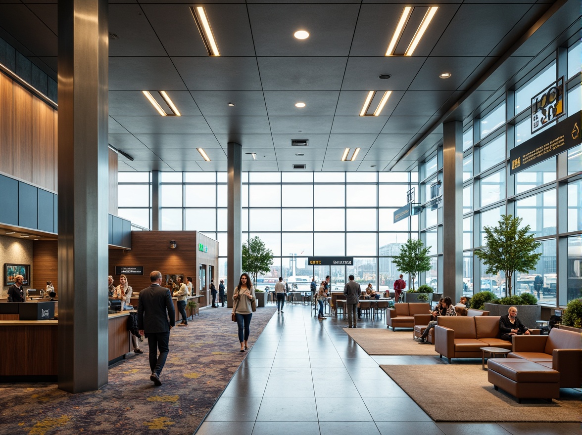 Prompt: Modern airport terminal, sleek glass fa\u00e7ade, polished steel columns, warm wood accents, soft carpeted floors, durable epoxy coatings, sound-absorbing panels, LED lighting systems, minimalist signage, comfortable seating areas, natural stone flooring, high ceilings, large windows, abundant daylight, airy atmosphere, bustling activity, 1/2 composition, shallow depth of field, realistic textures, ambient occlusion.