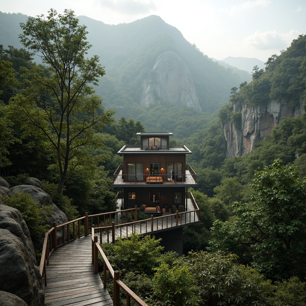 Prompt: Panoramic viewing tower, rugged mountainous terrain, lush green forests, winding stone pathways, natural rock formations, wooden decking, rustic metal railings, panoramic windows, 360-degree views, misty atmospheric effects, soft warm lighting, shallow depth of field, 3/4 composition, realistic textures, ambient occlusion, harmonious landscape integration, eco-friendly materials, sustainable design principles, minimal environmental impact.