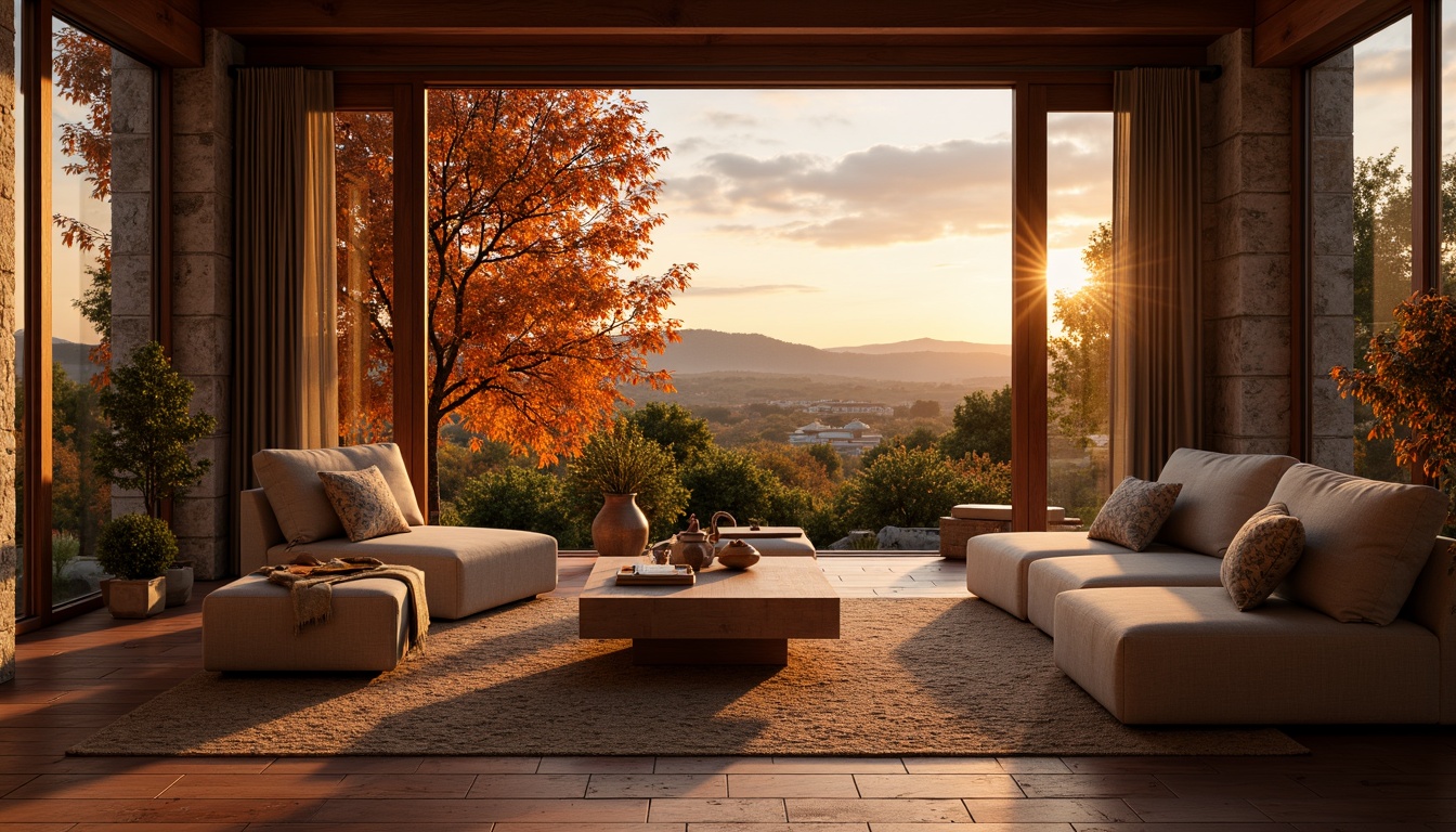 Prompt: Warm persimmon hue, earthy tones, rustic textures, natural stone walls, wooden accents, cozy atmospheric lighting, soft shadows, inviting interior spaces, autumnal landscape, rolling hills, vibrant foliage, golden sunsets, dramatic skies, 3/4 composition, shallow depth of field, realistic renderings, ambient occlusion.