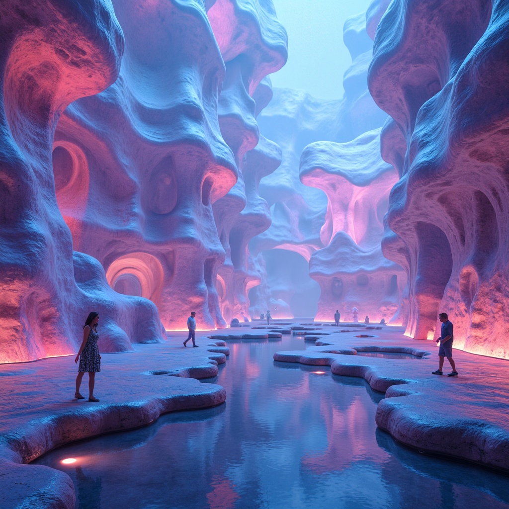 Prompt: Vibrant blob-like structures, iridescent colors, shimmering effects, glossy surfaces, futuristic architecture, neon lights, electric blue hues, luminescent accents, soft pastel shades, gradient transitions, 3D modeling, abstract shapes, holographic textures, virtual reality, atmospheric lighting, misty ambiance, dreamy atmosphere, surreal landscapes.