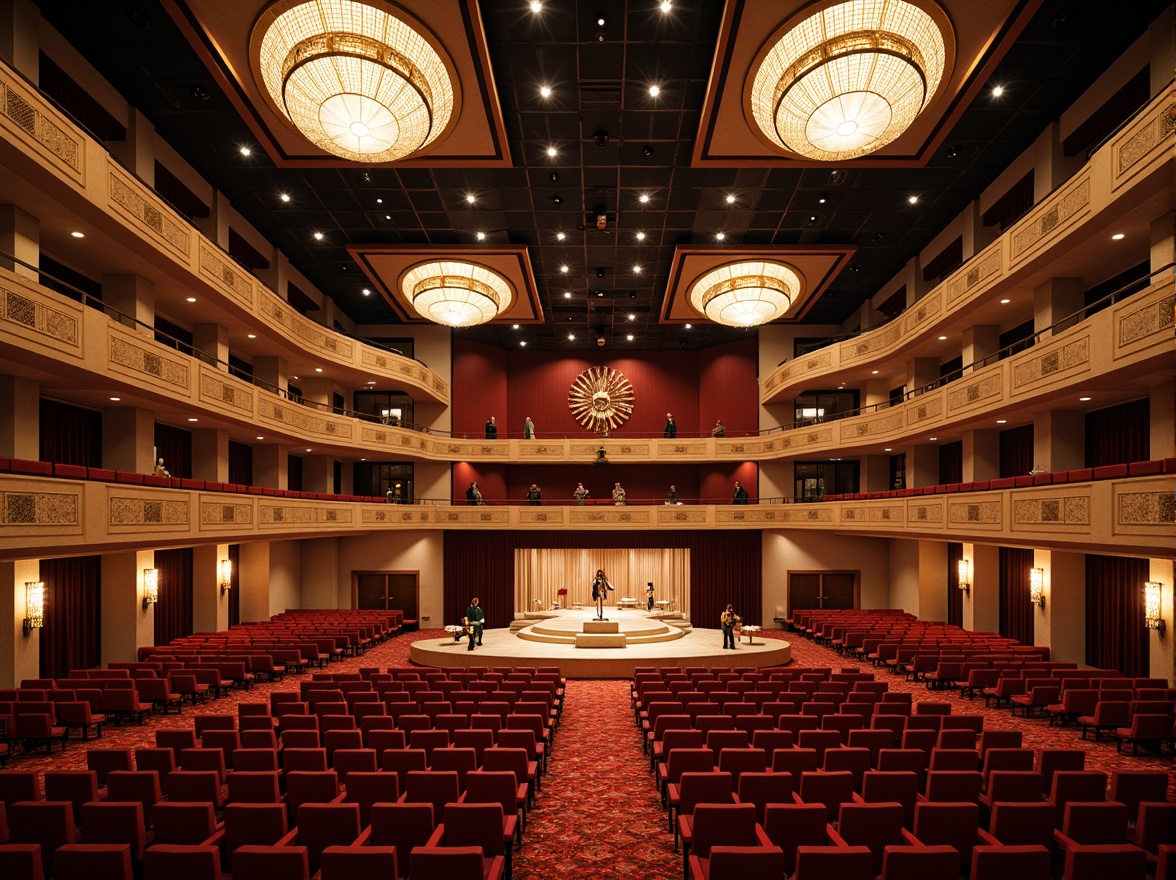 Prompt: Airy concert hall, grand chandeliers, plush red seats, ornate balconies, sweeping staircases, luxurious carpets, soundproofing materials, acoustic panels, modern ventilation systems, air purification units, gentle breeze circulation, soft warm lighting, 1/1 composition, shallow depth of field, realistic textures, ambient occlusion.