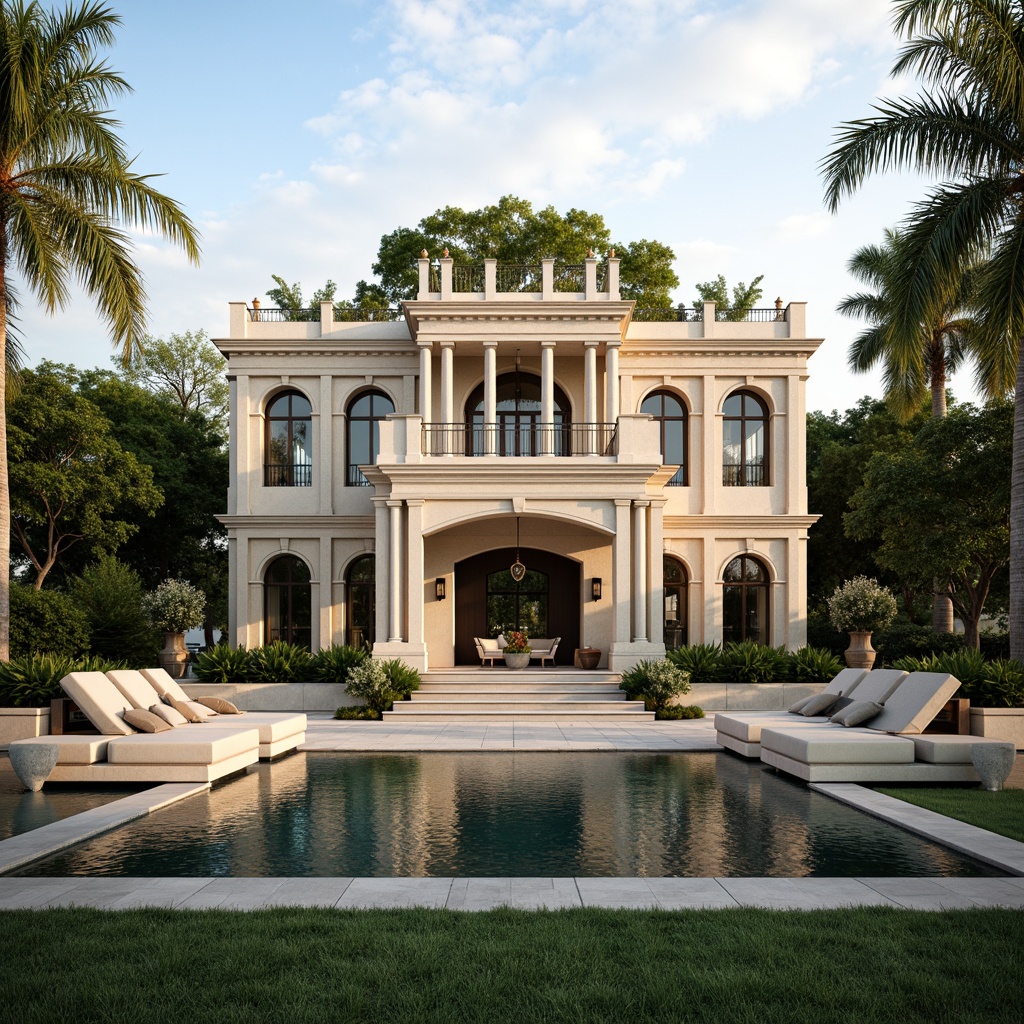 Prompt: Grand villa facade, symmetrical architecture, ornate entrance, balanced composition, harmonious proportions, elegant columns, carved stone details, refined stucco textures, lush greenery surroundings, serene water features, tranquil fountain sounds, soft warm lighting, shallow depth of field, 1/1 composition, realistic reflections, ambient occlusion.