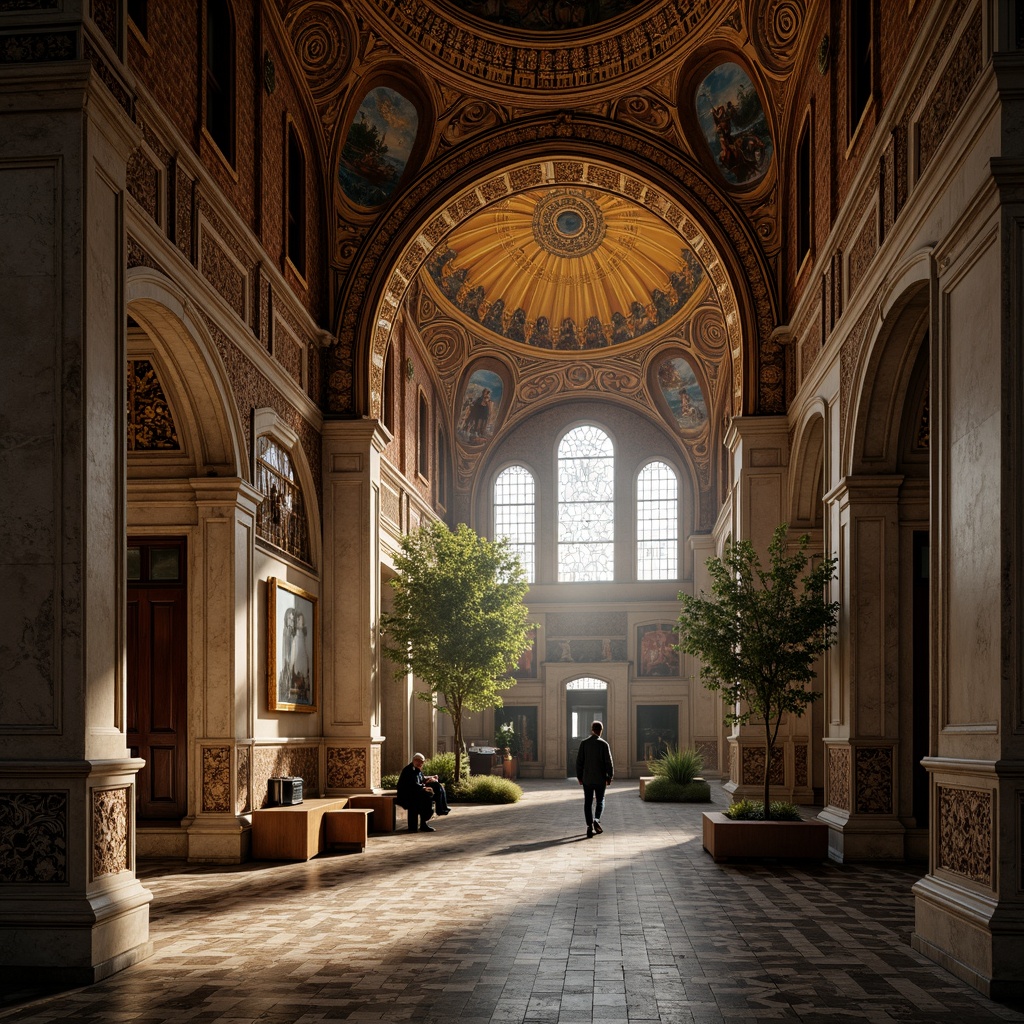 Prompt: Intricate stone carvings, ornate arches, grand domes, golden mosaics, vibrant frescoes, rustic brickwork, ornamental columns, capitals, and pilasters, intricate geometric patterns, subtle warm lighting, soft shadows, atmospheric ambiance, realistic textures, ambient occlusion, high-angle view, dramatic composition.