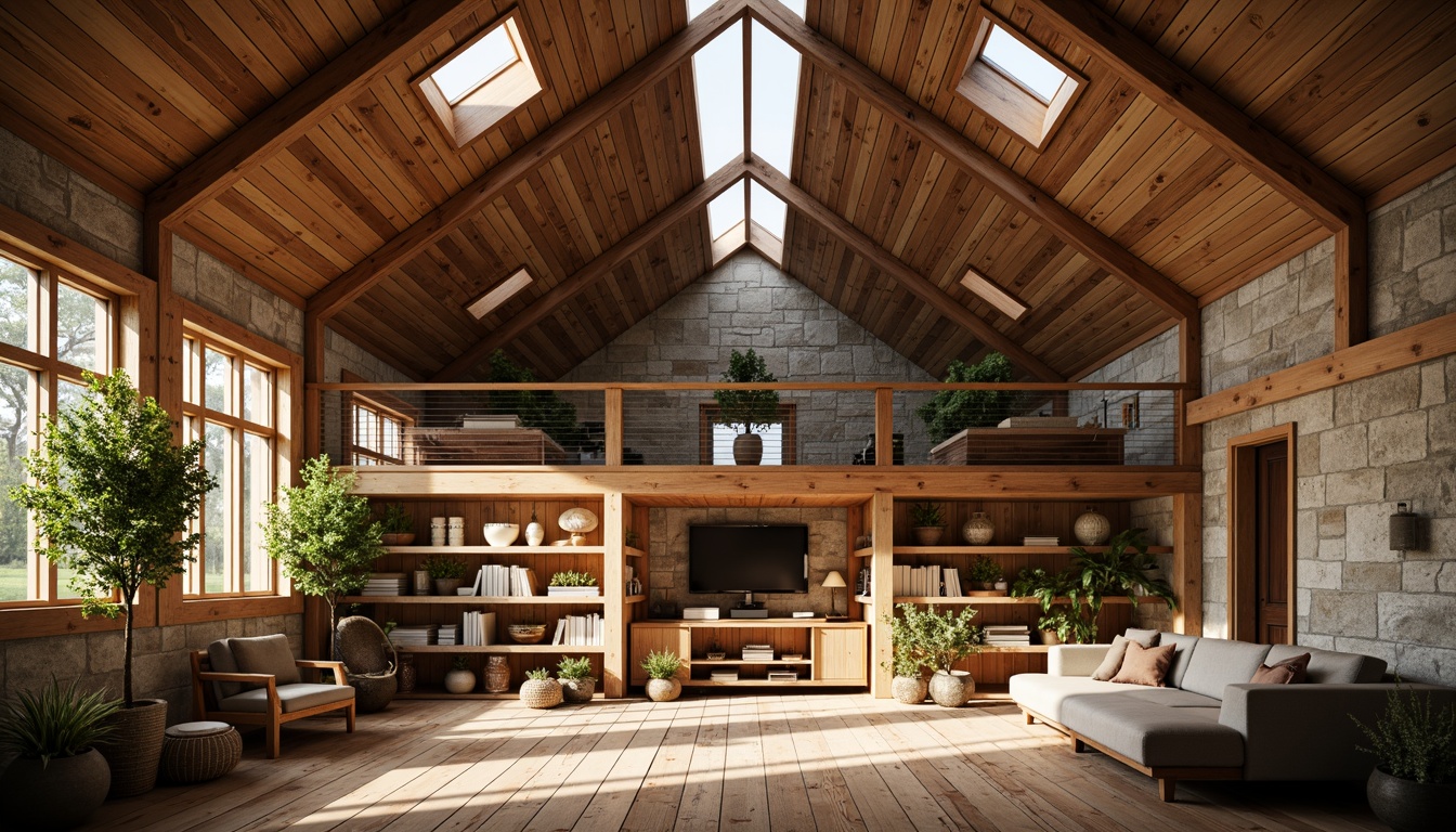 Prompt: Rustic barn-style buildings, wooden accents, natural stone walls, exposed beams, large skylights, clerestory windows, soft warm lighting, gentle shadows, earthy tones, cozy atmosphere, vintage furniture, distressed wood textures, warm color palette, subtle grain patterns, realistic wear and tear, ambient occlusion, 1/1 composition, shallow depth of field, warm sunny day.