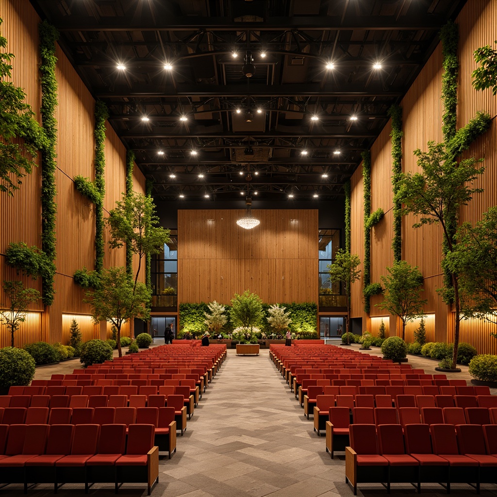 Prompt: Vibrant green theater, natural bamboo walls, recycled glass chandeliers, energy-efficient LED stage lights, sustainable FSC-certified wood flooring, low-VOC eco-friendly paints, living green roofs, native plant species, rainwater harvesting systems, solar-powered sound equipment, minimal waste construction, repurposed theatrical props, organic cotton upholstery, acoustic paneling, warm ambient lighting, soft focus spotlighting, 2/3 composition, shallow depth of field, cinematic atmosphere.