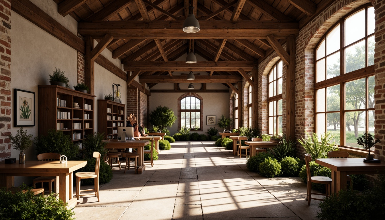 Prompt: Rustic barn-style academic buildings, wooden beams, exposed brick walls, large windows, natural lighting, warm atmosphere, soft shadows, earthy tones, stone flooring, wooden desks, vintage chairs, bookshelves, greenery, potted plants, botanical illustrations, wooden accents, distressed finishes, cozy nooks, reading areas, comfortable seating, warm color palette, softbox lighting, 1/2 composition, shallow depth of field, realistic textures, ambient occlusion.