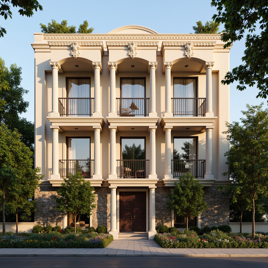 Prompt: Elegant social housing facade, classical columns, ornate balconies, symmetrical composition, soft beige stucco, decorative cornices, arched windows, grand entrance, rustic stone foundation, lush greenery, vibrant flowers, tranquil atmosphere, warm afternoon light, subtle shadows, 1/2 composition, realistic textures, ambient occlusion.