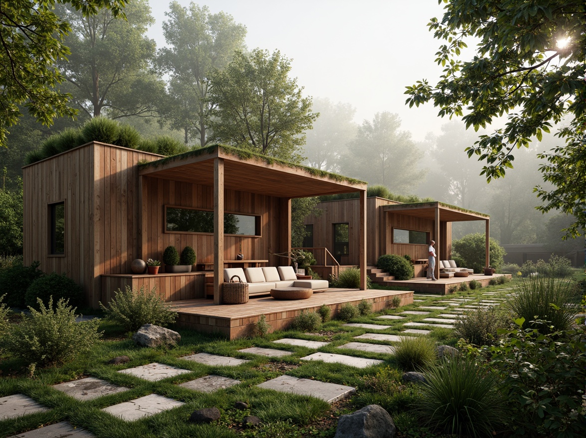 Prompt: Earth-toned cabins, wooden accents, living roofs, green walls, bamboo flooring, reclaimed wood furniture, natural stone countertops, eco-friendly insulation, solar panels, rainwater harvesting systems, organic gardens, meandering pathways, forest surroundings, misty mornings, warm soft lighting, shallow depth of field, 3/4 composition, realistic textures, ambient occlusion.