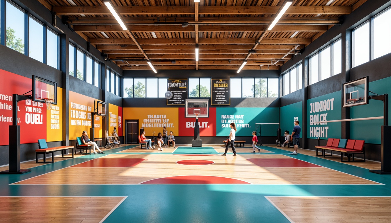 Prompt: Vibrant sports hall, dynamic flooring, bold color schemes, athletic equipment, basketball hoops, volleyball nets, exercise machines, motivational quotes, modern LED lighting, high ceilings, sleek wooden accents, durable synthetic surfaces, flexible seating areas, acoustic panels, sound-absorbing materials, natural ventilation systems, panoramic windows, abundant daylight, shallow depth of field, 1/1 composition, realistic textures, ambient occlusion.