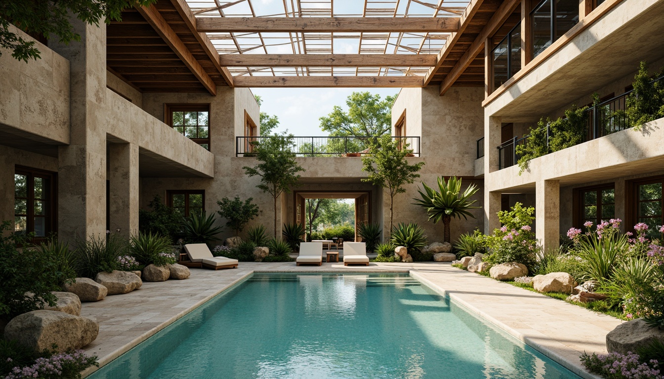 Prompt: Rustic swimming pool, natural stone walls, wooden accents, green roofs, lush vegetation, tropical plants, warm sunny day, soft diffused lighting, clerestory windows, high ceilings, open trusses, exposed ductwork, industrial metal beams, concrete floors, ceramic tiles, minimalist decor, natural ventilation systems, large ceiling fans, cross ventilation, stack effect, thermal massing, passive cooling strategies, earthy color palette, organic textures, subtle water features, serene atmosphere, shallow depth of field, 1/2 composition, soft focus.