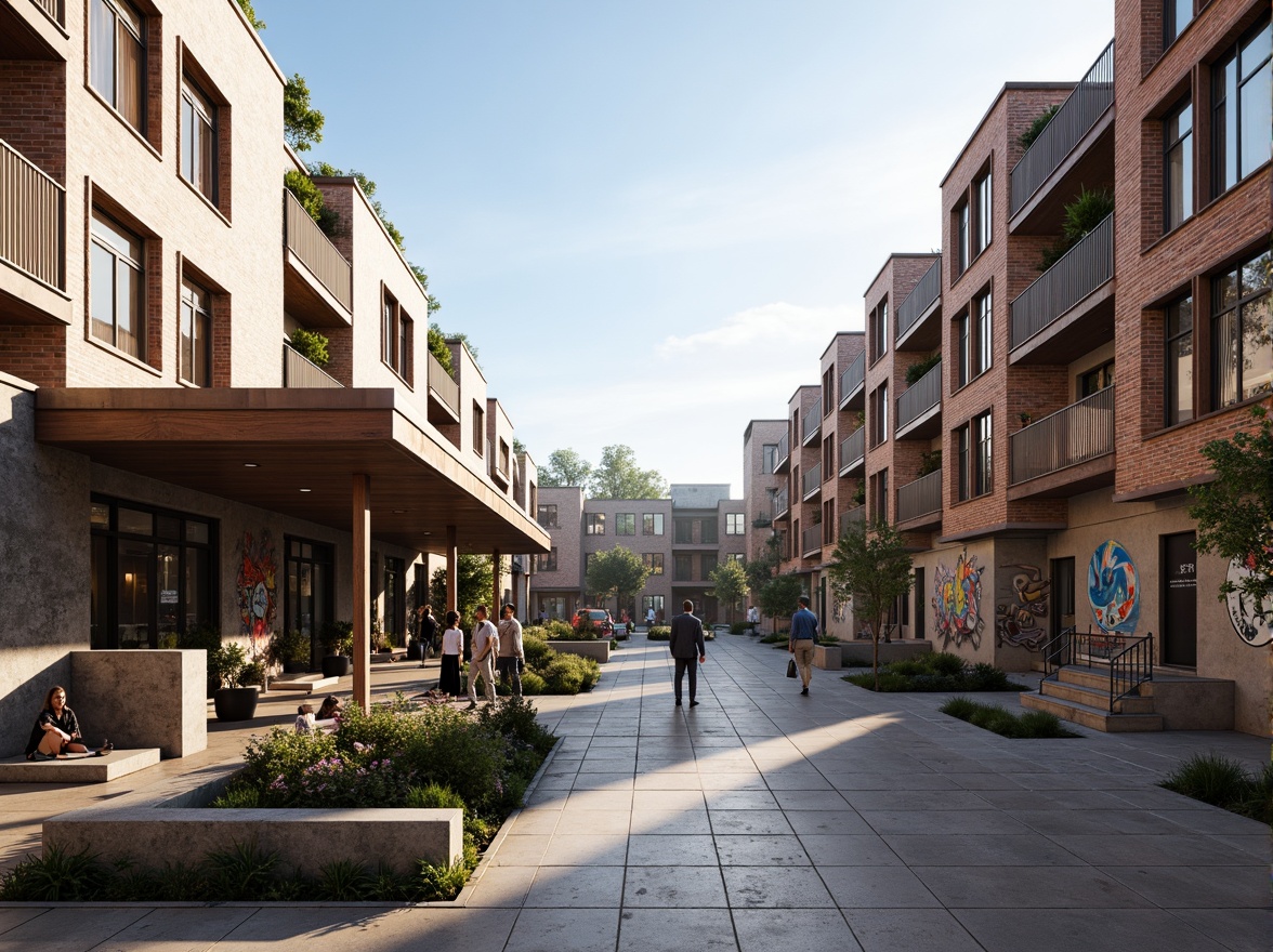 Prompt: Rustic community buildings, Bauhaus style architecture, rectangular forms, clean lines, minimal ornamentation, industrial materials, exposed brickwork, large windows, metal frames, functional design, communal outdoor spaces, vibrant street art, urban atmosphere, morning sunlight, soft shadows, shallow depth of field, 2/3 composition, realistic textures, ambient occlusion.