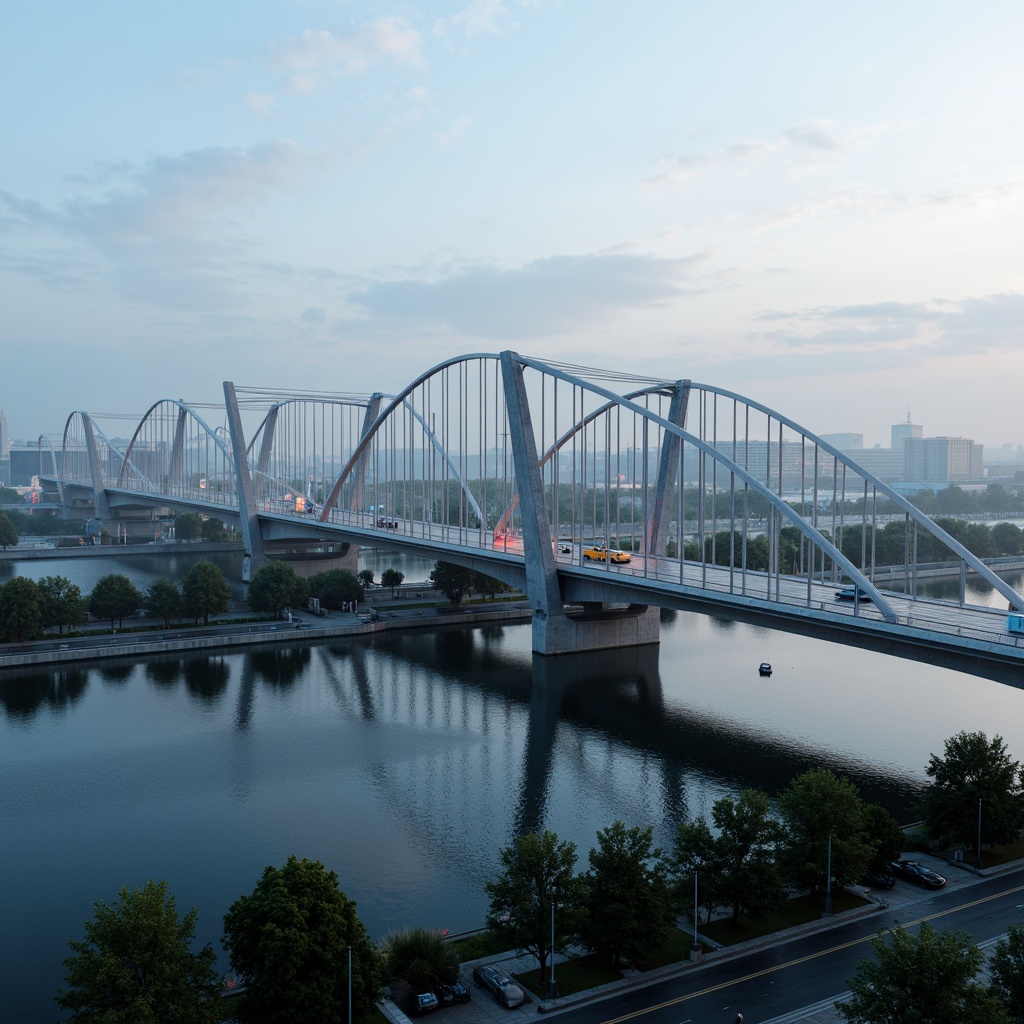 Prompt: Futuristic vehicular bridge, sleek metallic structure, bold arches, suspension cables, LED lighting systems, dynamic movement, urban landscape, misty morning atmosphere, shallow depth of field, 3/4 composition, panoramic view, realistic reflections, ambient occlusion, innovative materials, carbon fiber components, kinetic energy harvesting, wind turbine integration, solar panel roofing, hydrophobic coatings, parametric design, algorithmic geometry, iridescent paint finishes, neon accent lights, experimental architecture, avant-garde engineering.