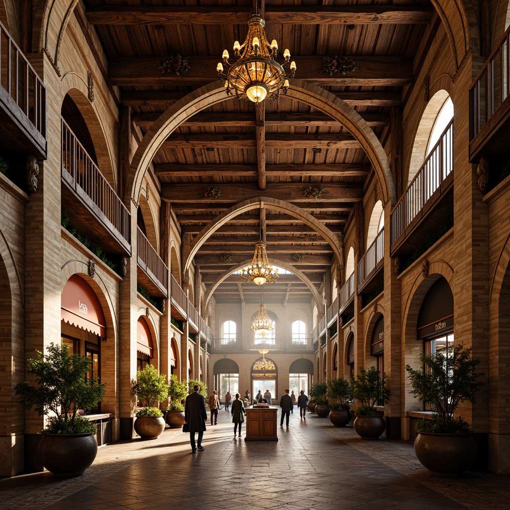 Prompt: Ornate renaissance-style market hall, grandiose archways, intricately carved stone facades, ornamental balconies, decorative cornices, rustic brick walls, vaulted ceilings, elegant chandeliers, luxurious textiles, rich wood tones, warm golden lighting, soft shadows, shallow depth of field, 1/2 composition, symmetrical framing, high-contrast textures, ambient occlusion.