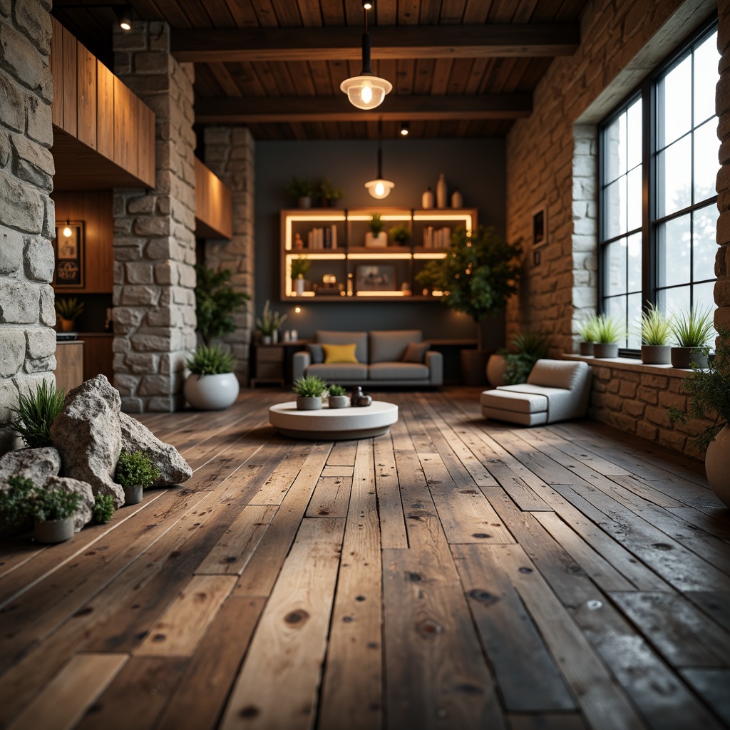 Prompt: Rustic wooden planks, distressed finishes, earthy tones, natural stone walls, rugged rock formations, weathered metal accents, industrial-chic decor, urban loft ambiance, exposed brickwork, reclaimed wood furniture, vintage decorative items, warm atmospheric lighting, shallow depth of field, 1/2 composition, realistic textures, ambient occlusion.