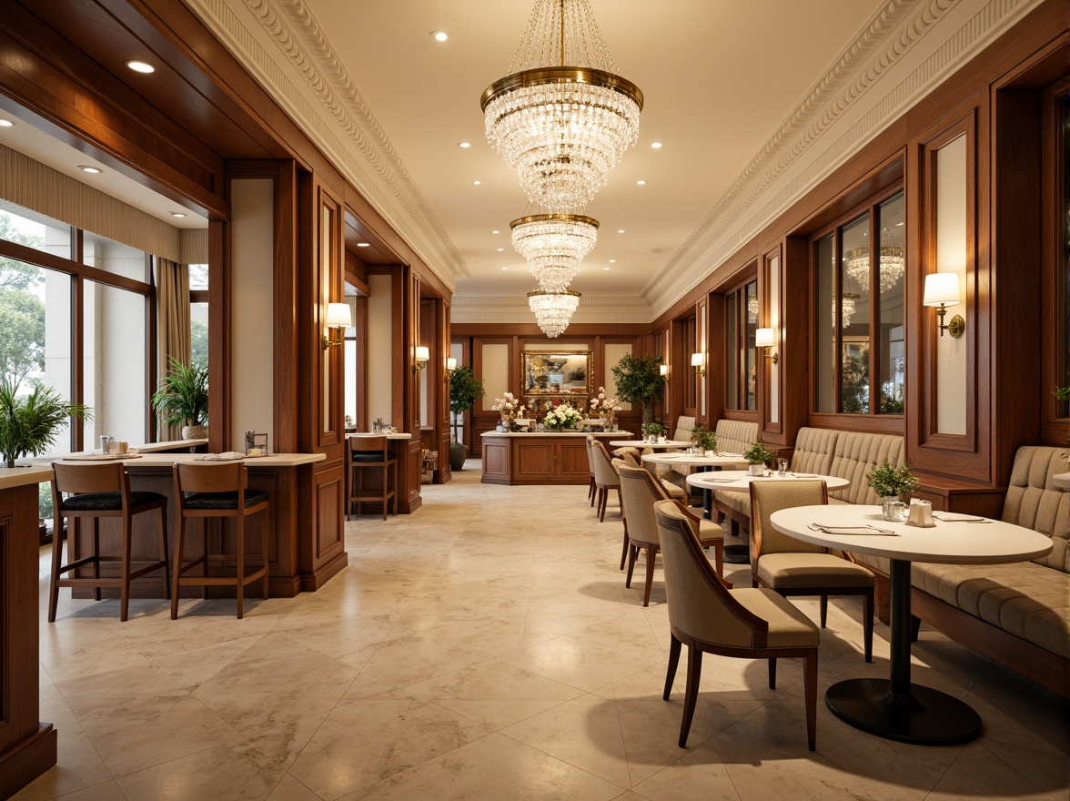 Prompt: Elegant neoclassical restaurant interior, rich wood tones, cream-colored marble, soft gold accents, ornate plaster moldings, grand crystal chandeliers, luxurious velvet upholstery, refined linen drapery, subtle beige walls, polished bronze fixtures, warm ambient lighting, shallow depth of field, 1/1 composition, symmetrical framing, realistic textures, soft focus effect.