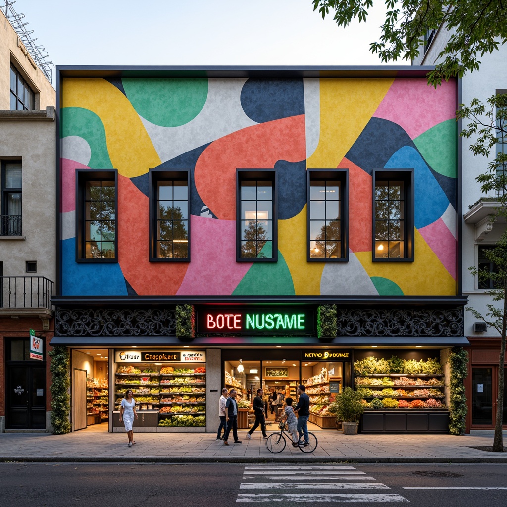 Prompt: Vibrant grocery store facade, expressionist architecture, bold color blocking, irregular shapes, distorted forms, abstract patterns, dynamic lighting, neon signs, eclectic typography, playful murals, ornate metalwork, decorative tiles, oversized produce displays, bustling city street, morning sunlight, shallow depth of field, 1/1 composition, realistic textures, ambient occlusion.