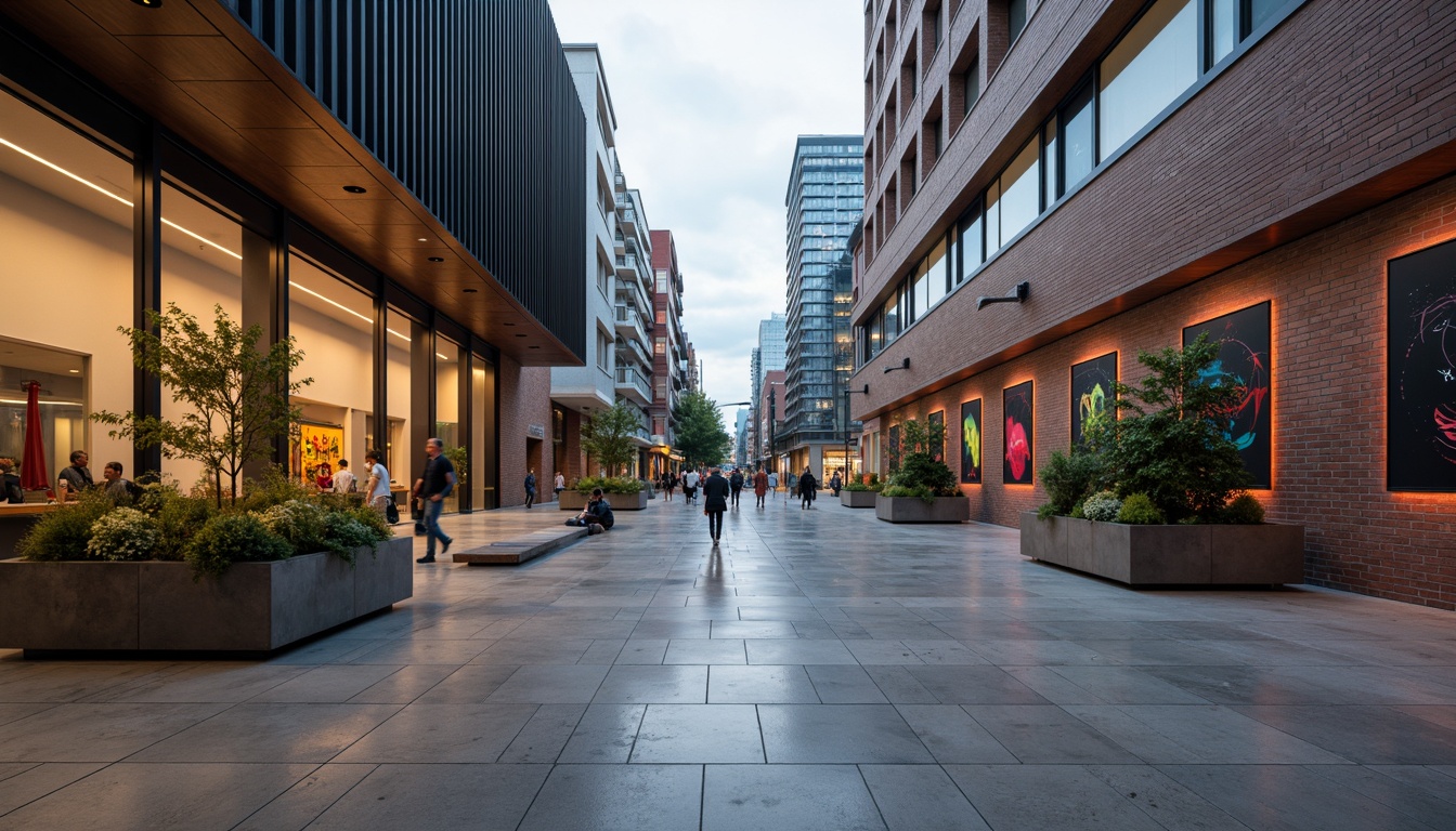 Prompt: Polished concrete floors, sleek metal surfaces, minimalist wooden accents, industrial-style brick walls, angular glass facades, modernist geometric patterns, bold colorful murals, futuristic neon lighting, high-tech gadgetry, urban cityscape views, cloudy grey skies, shallow depth of field, 1/1 composition, realistic reflections, ambient occlusion, vibrant urban atmosphere.