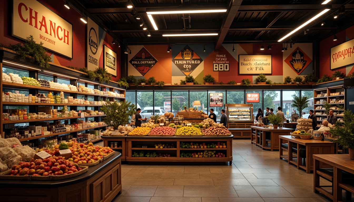 Prompt: Vibrant grocery store, warm color palette, high contrast lighting, dramatic shadows, accentuated product displays, soft focus background, shallow depth of field, 1/2 composition, overhead fluorescent lights, warm LED strips, cozy atmospheric glow, rich textures, ambient occlusion, nostalgic film grain, retro-inspired signage, bold typography, eclectic decorative elements.