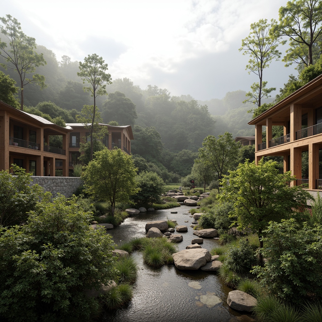 Prompt: Seamless landscape integration, blending architecture with nature, curved lines, organic forms, native vegetation, rustic wooden accents, natural stone walls, earthy color palette, abundant greenery, serene atmosphere, soft diffused lighting, misty morning fog, scenic overlooks, winding pathways, meandering streams, water features, tranquil ponds, majestic trees, panoramic views, 1/2 composition, atmospheric perspective, realistic textures, ambient occlusion.