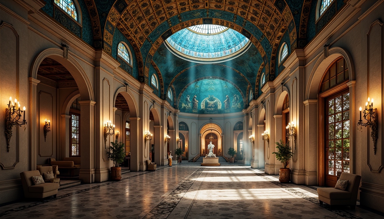 Prompt: \Intricate Byzantine architecture, ornate golden domes, vibrant azure hues, iridescent mosaics, luxurious marble floors, grandiose archways, elaborate stone carvings, regal throne rooms, mystical iconography, warm candlelight, soft mysterious shadows, dramatic high ceilings, 1/1 composition, realistic textures, ambient occlusion.\