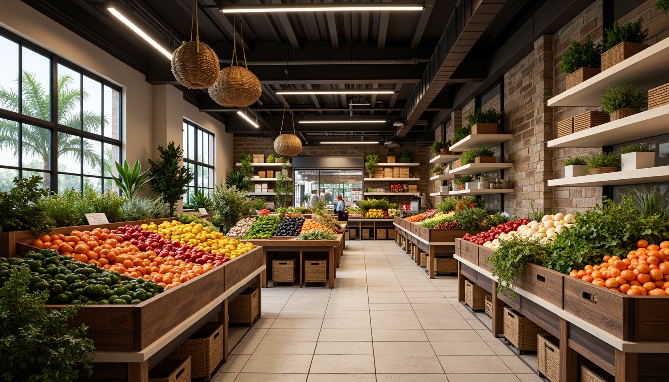 Prompt: Vibrant produce stands, rustic wooden crates, polished metal shelves, glass refrigerators, ceramic tile floors, natural stone walls, earthy tone color scheme, modern minimalist lighting, warm inviting atmosphere, abundant greenery, fresh flowers, woven wicker baskets, reclaimed wood accents, industrial metal beams, exposed ductwork, urban loft aesthetic, soft box lighting, 1/2 composition, shallow depth of field.